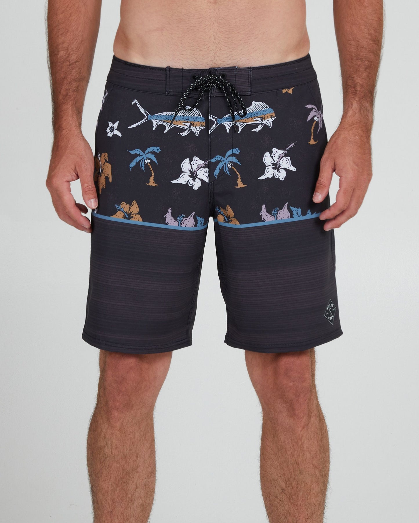 On body front of the Tandem Black/Black Boardshort