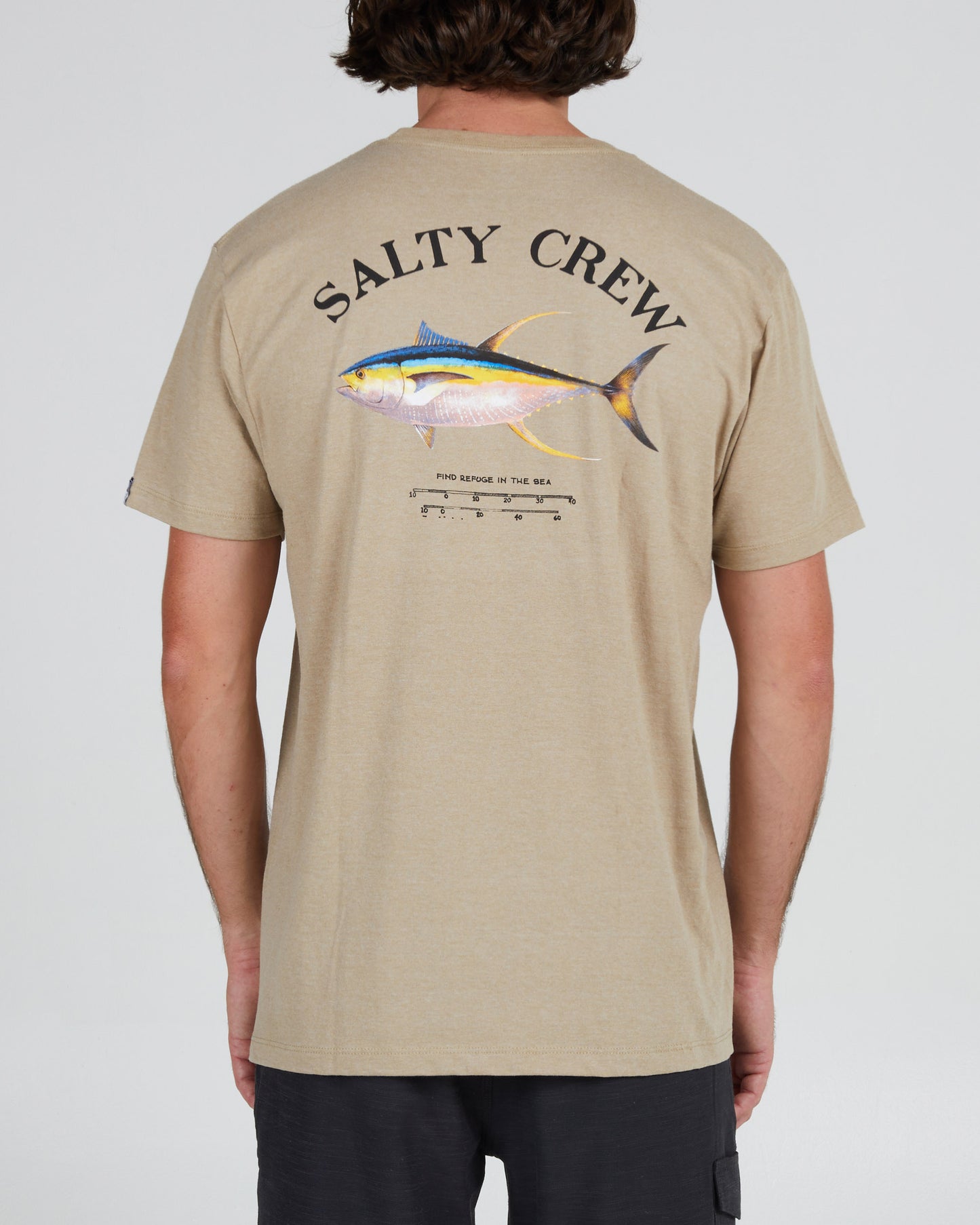 back view of Ahi Mount Khaki Heather S/S Standard Tee