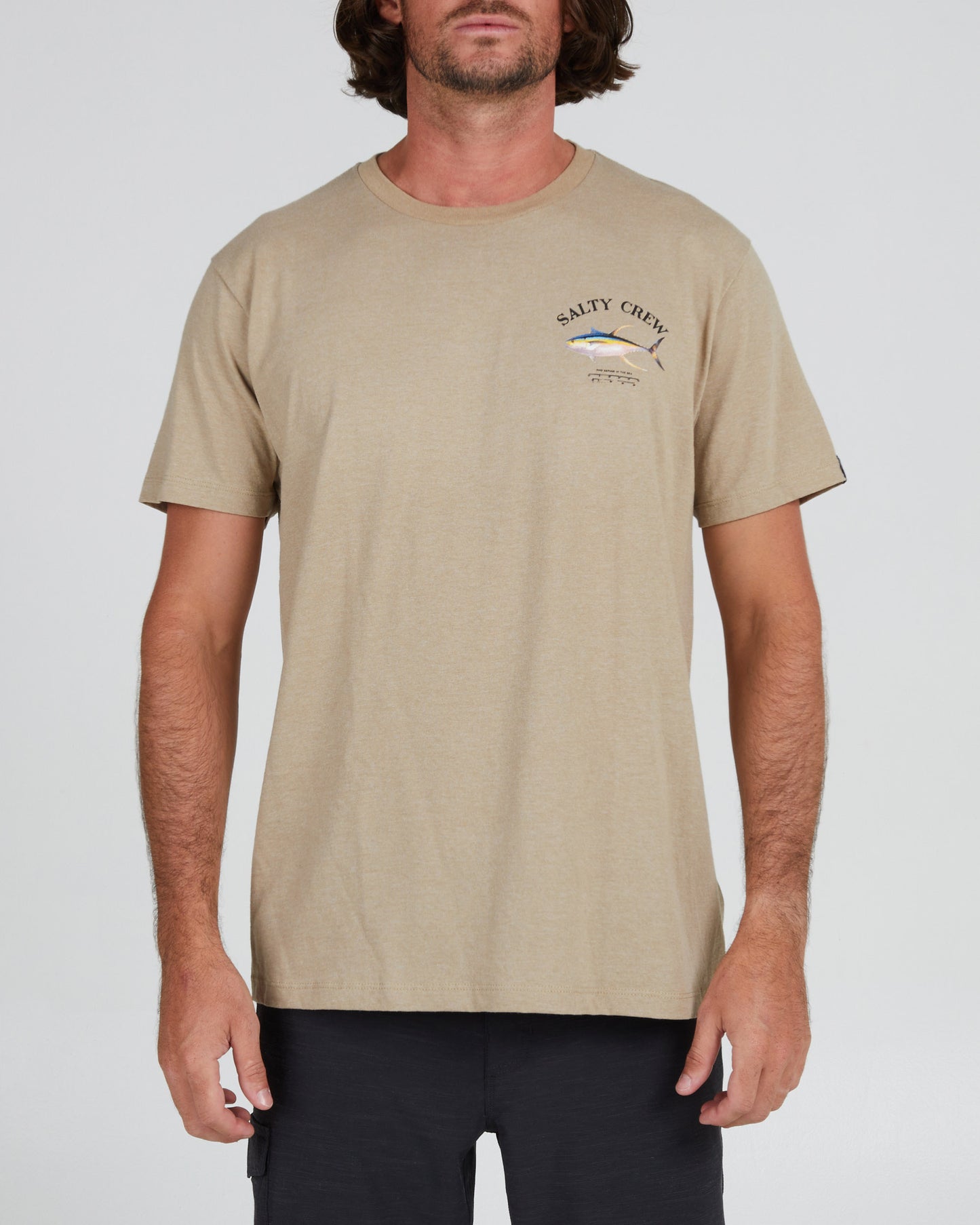 front view of Ahi Mount Khaki Heather S/S Standard Tee