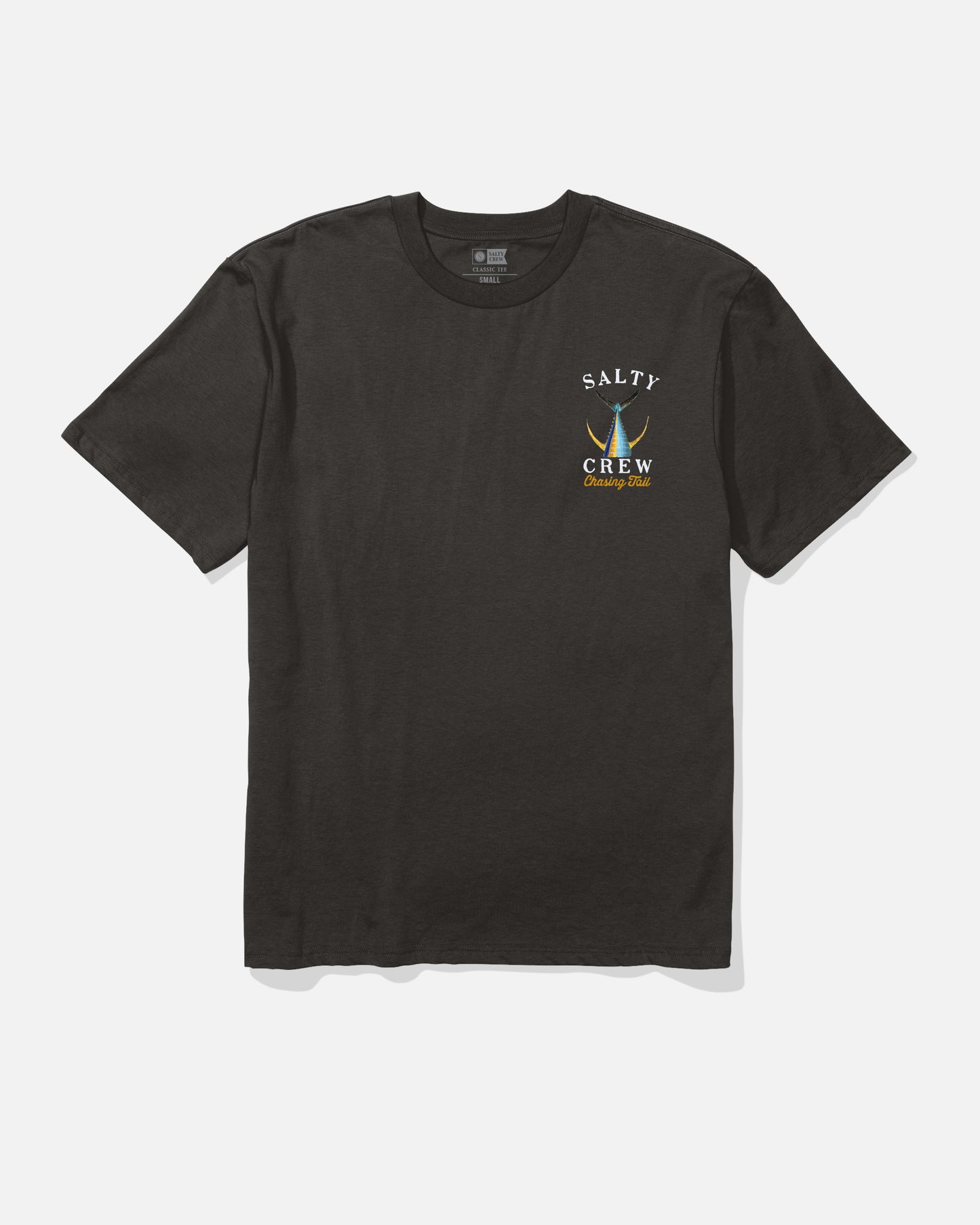 The Salty Crew Tailed Classic Tee - Black is a soft spun 100% cotton t-shirt featuring a small "Chasing Tail" logo with two fish hooks, screenprinted on the left chest. Displayed on a white background.