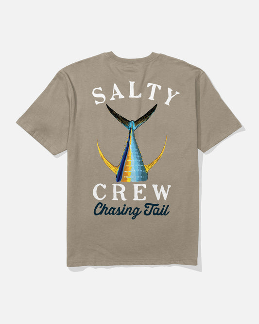 The Salty Crew Tailed Classic Tee - Twig is a beige 100% cotton t-shirt with a colorful fishtail graphic and "Salty Crew" text above and below, plus "Chasing Tail" script on the back.