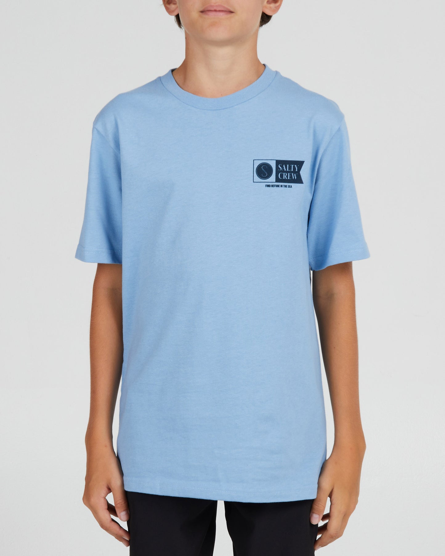 On body front of the Alpha Flag Boys Marine Blue S/S Tee