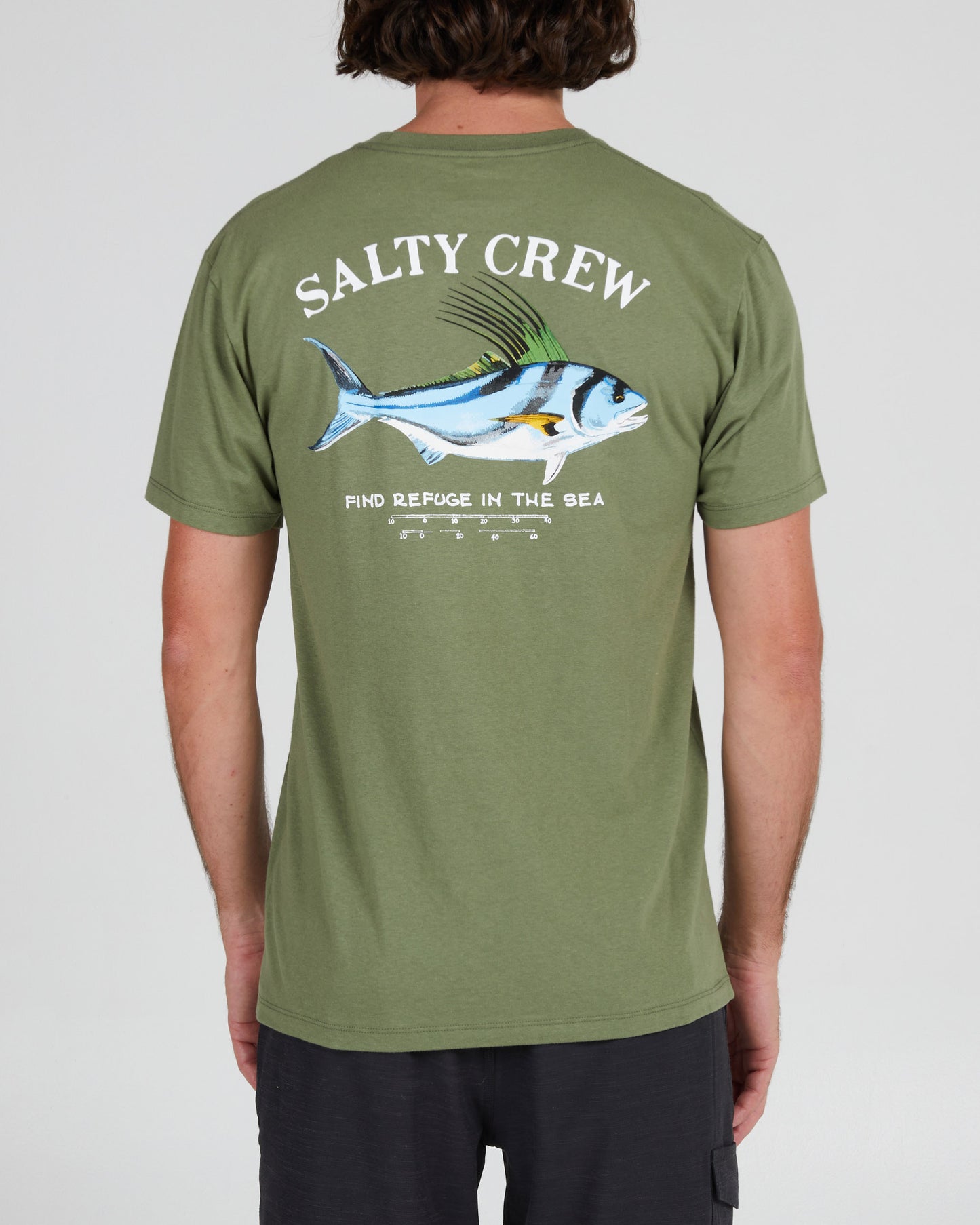 back view of Rooster Sage Green S/S Premium Tee