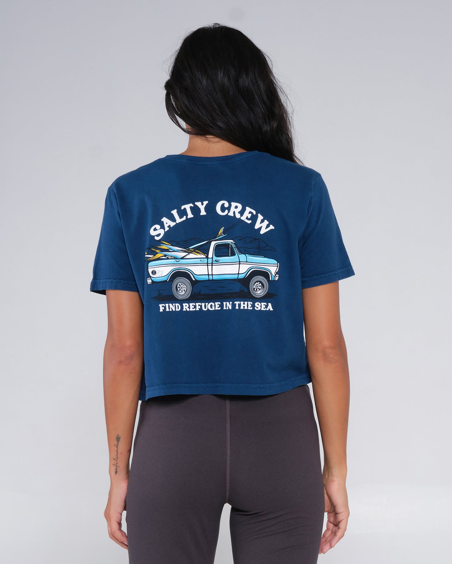 back view of Baja Days Blue Steel Crop Tee