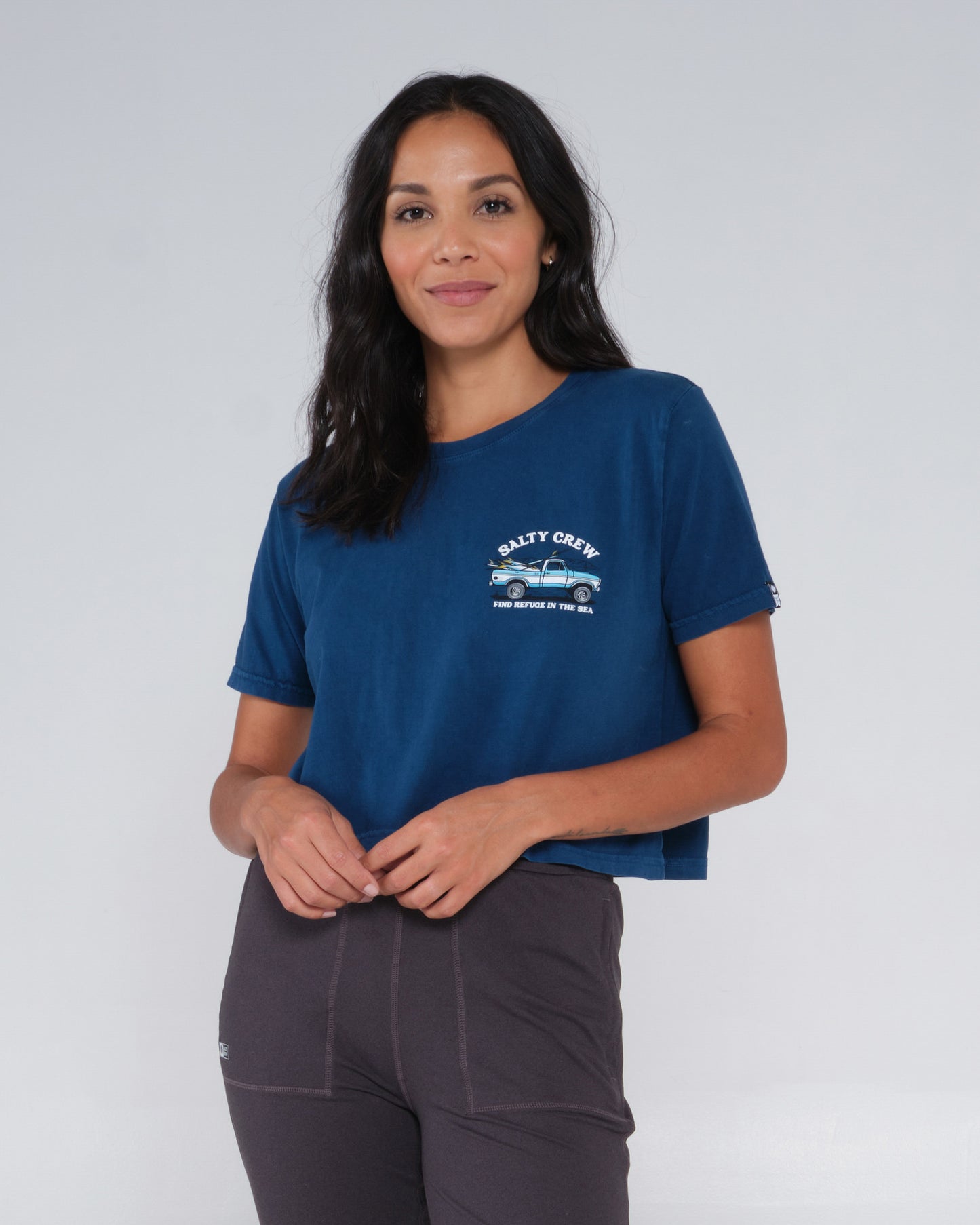 alternate front angle of Baja Days Blue Steel Crop Tee