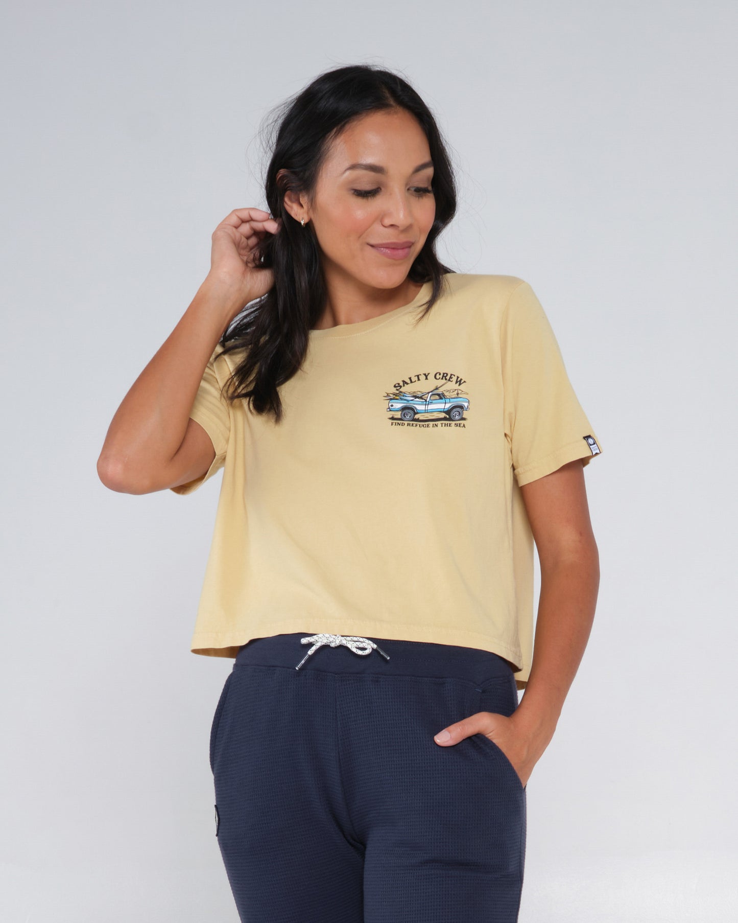front view of Baja Days Desert Sun Crop Tee