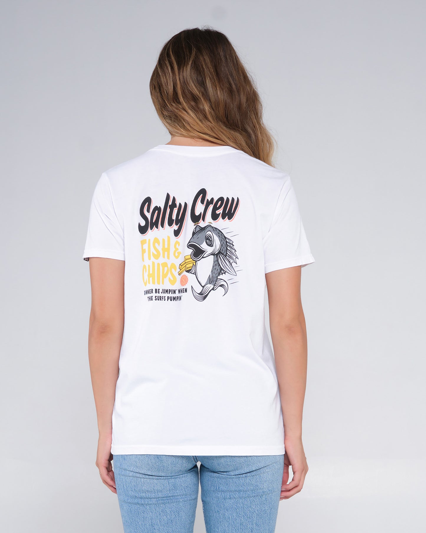 back view of Fish N Chips White Boyfriend Tee