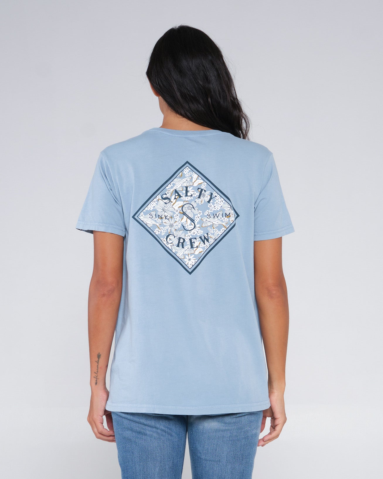back view of Tippet Fill Tidal Blue Boyfriend Tee