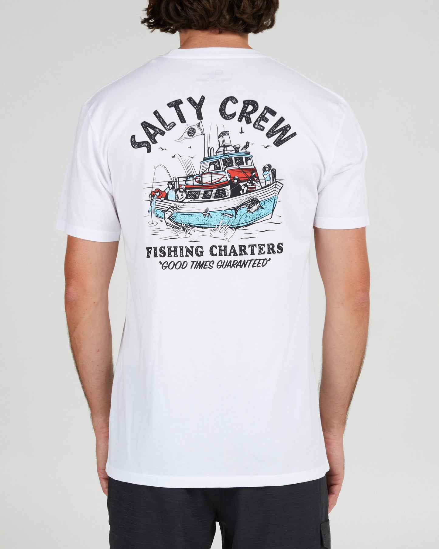 back view of Fishing Charters White S/S Premium Tee