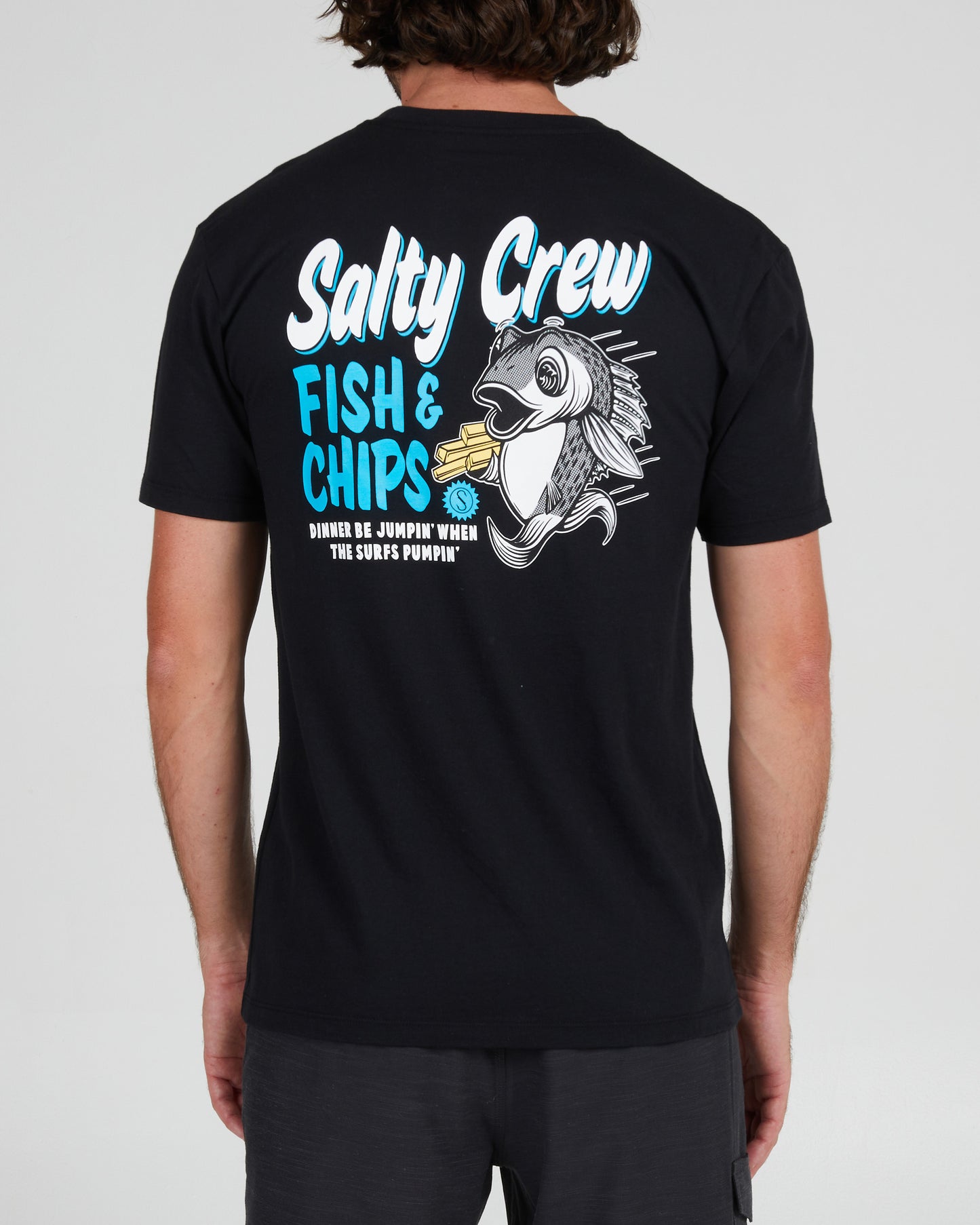 On body back of the Fish and Chips Black S/S Premium Tee