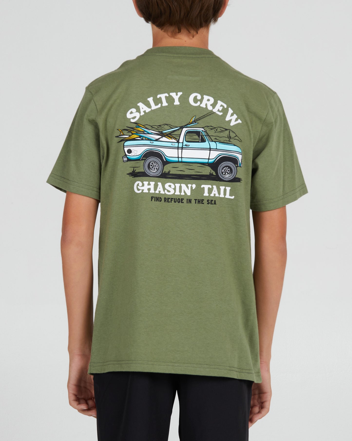 On body back of the Off Road Boys Sage Green S/S Tee