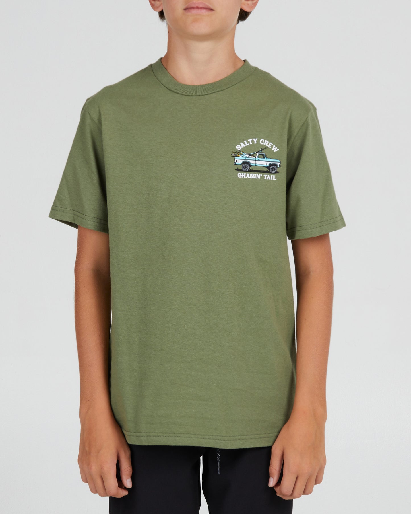 On body front of the Off Road Boys Sage Green S/S Tee