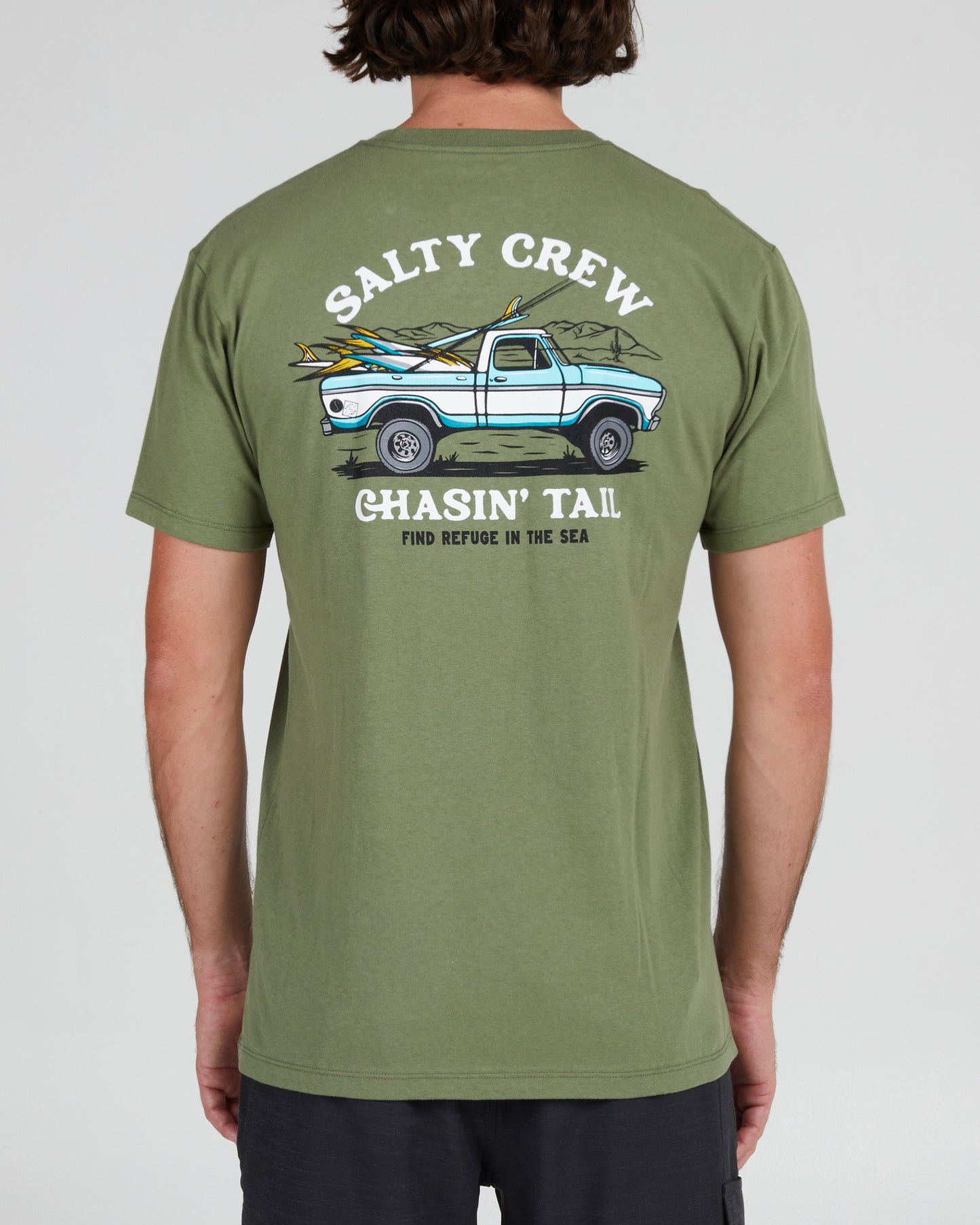 On body back of the Off Road Sage Green S/S Premium Tee