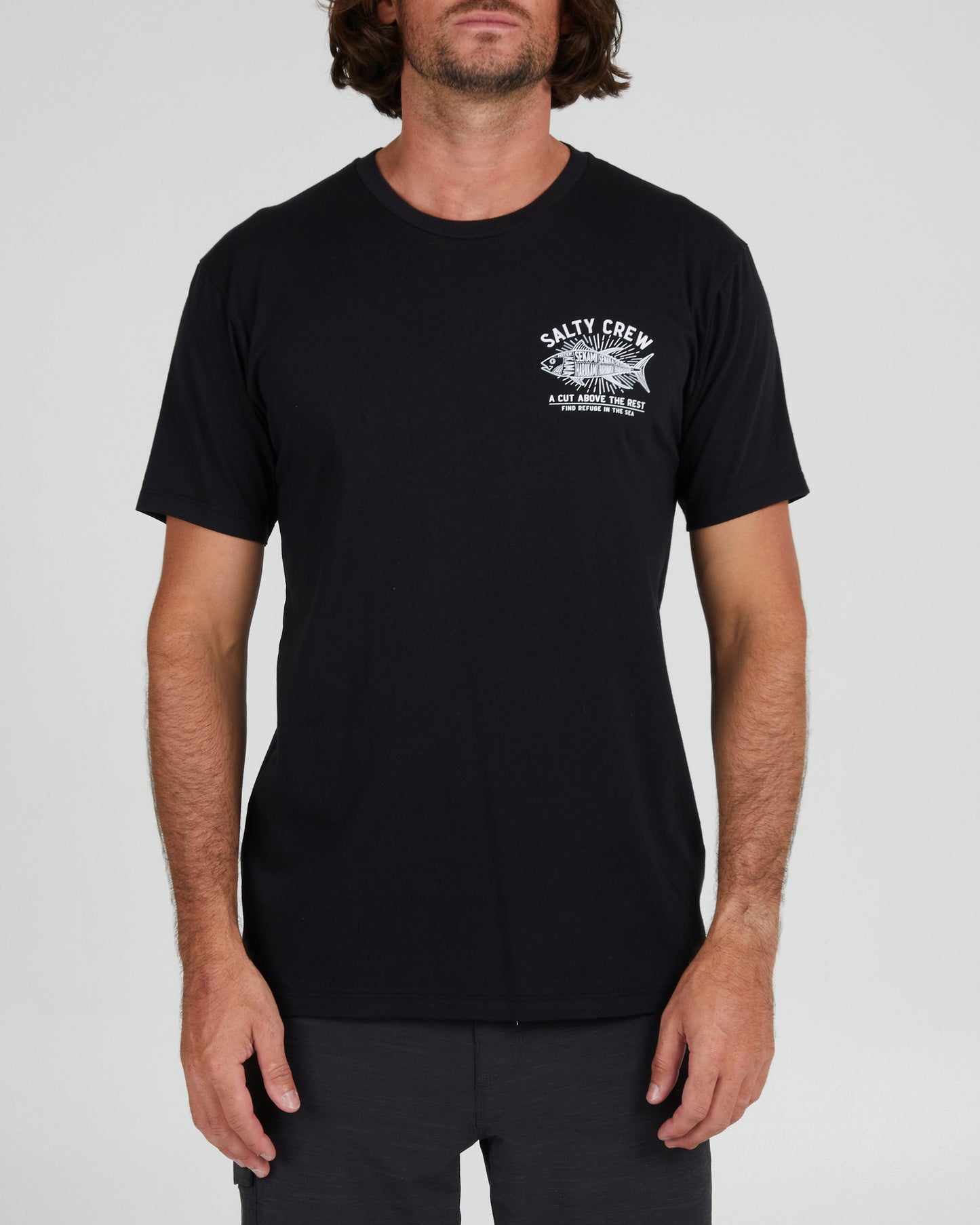 On body front of the Cut Above Black S/S Premium Tee
