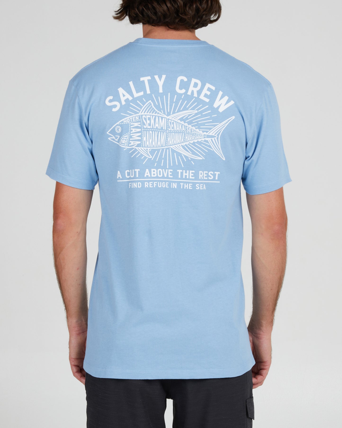 On body back of the Cut Above Marine Blue S/S Premium Tee