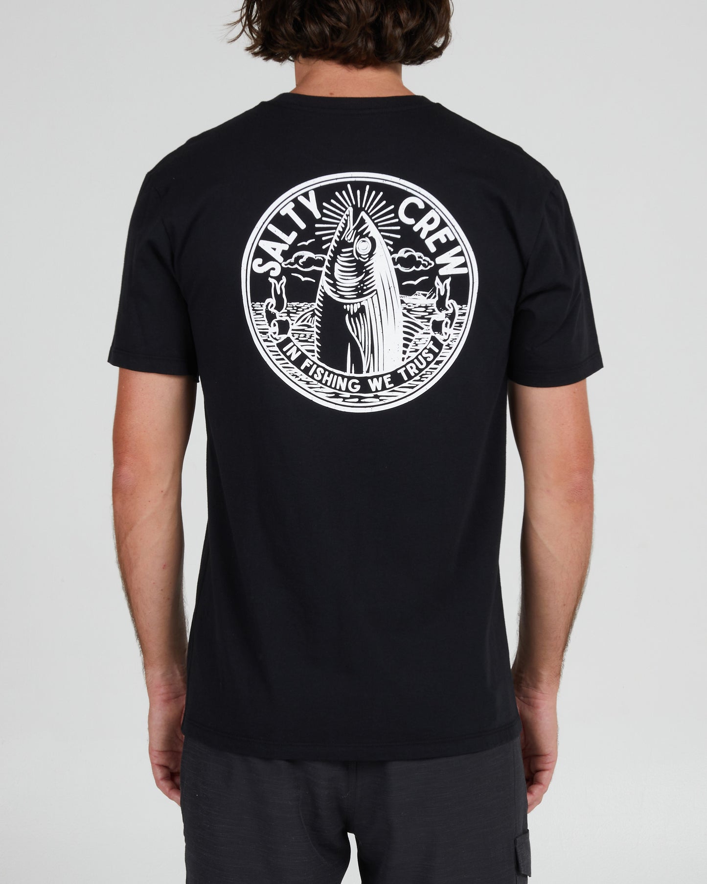 On body back of the In Fishing We Trust Black S/S Premium Tee