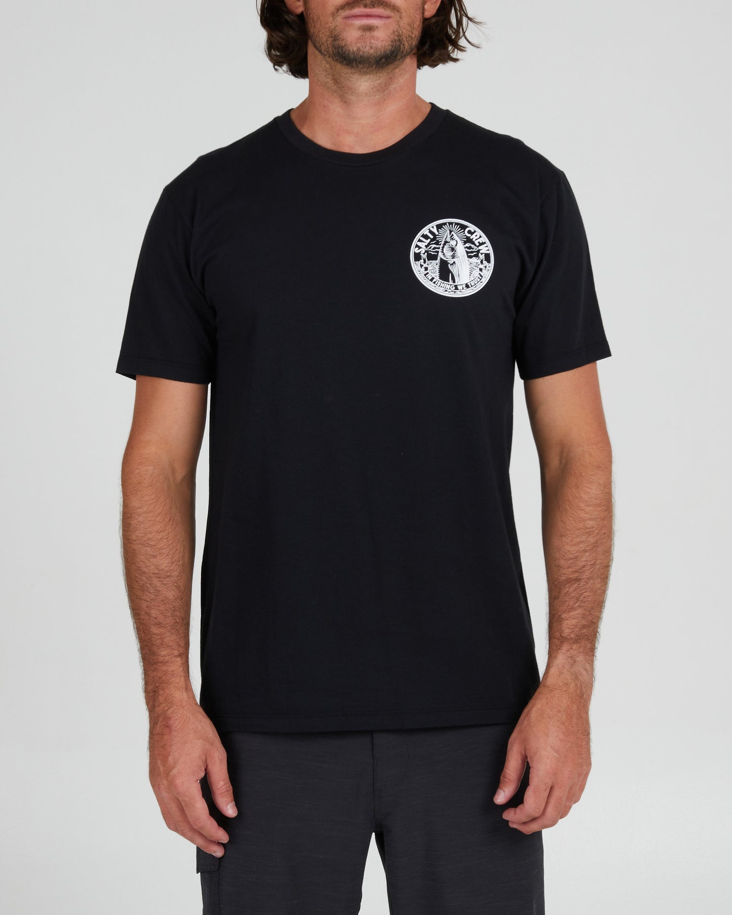 On body front of the In Fishing We Trust Black S/S Premium Tee