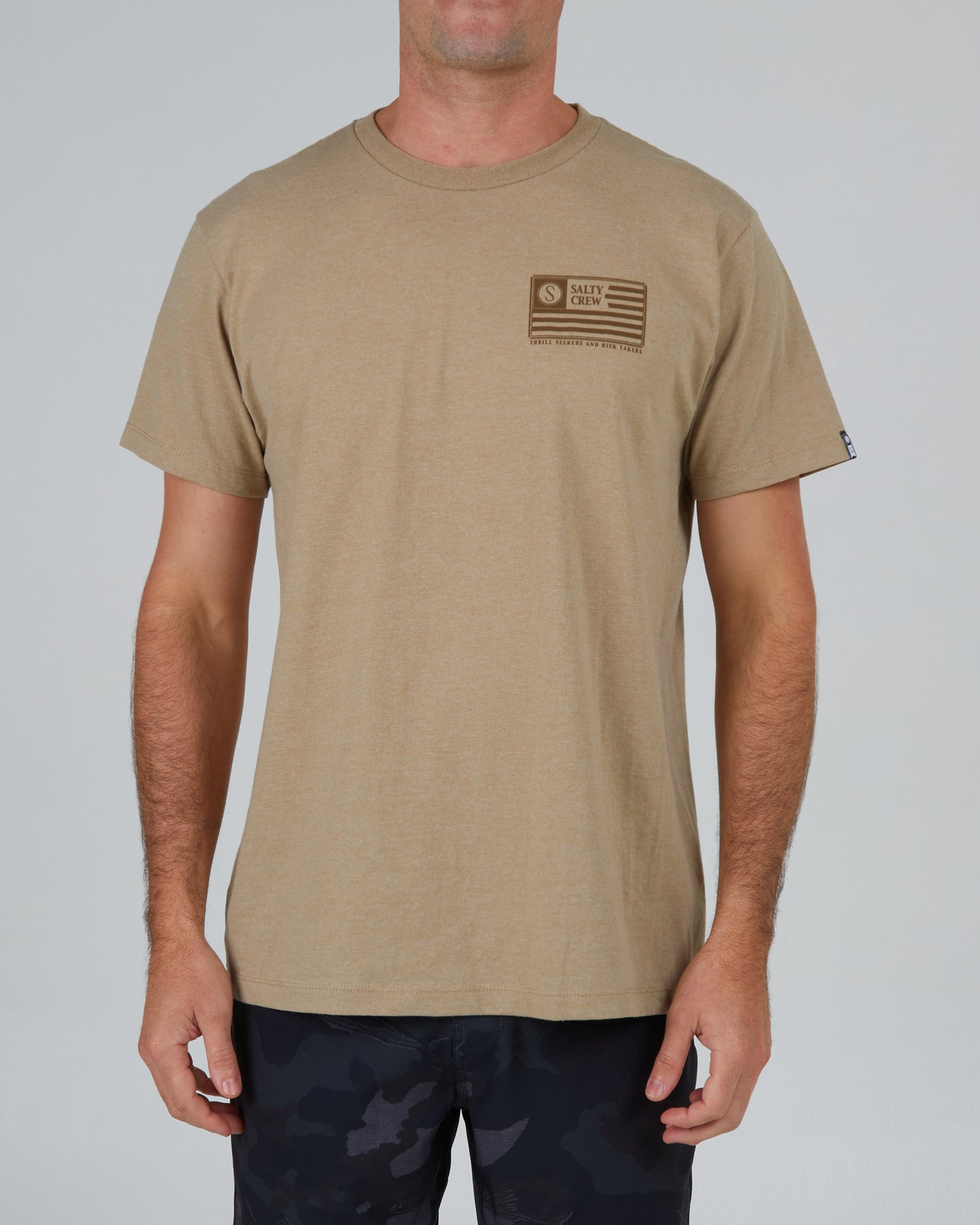front view of Freedom Flag Khaki Heather S/S Premium Tee