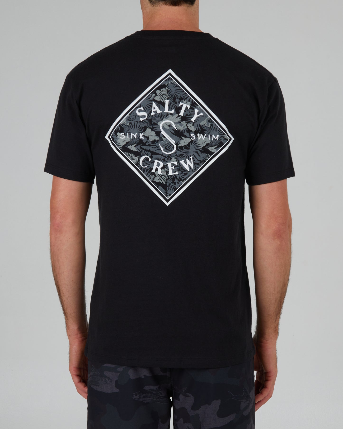 back view of Tippet Tropics Black S/S Premium Tee