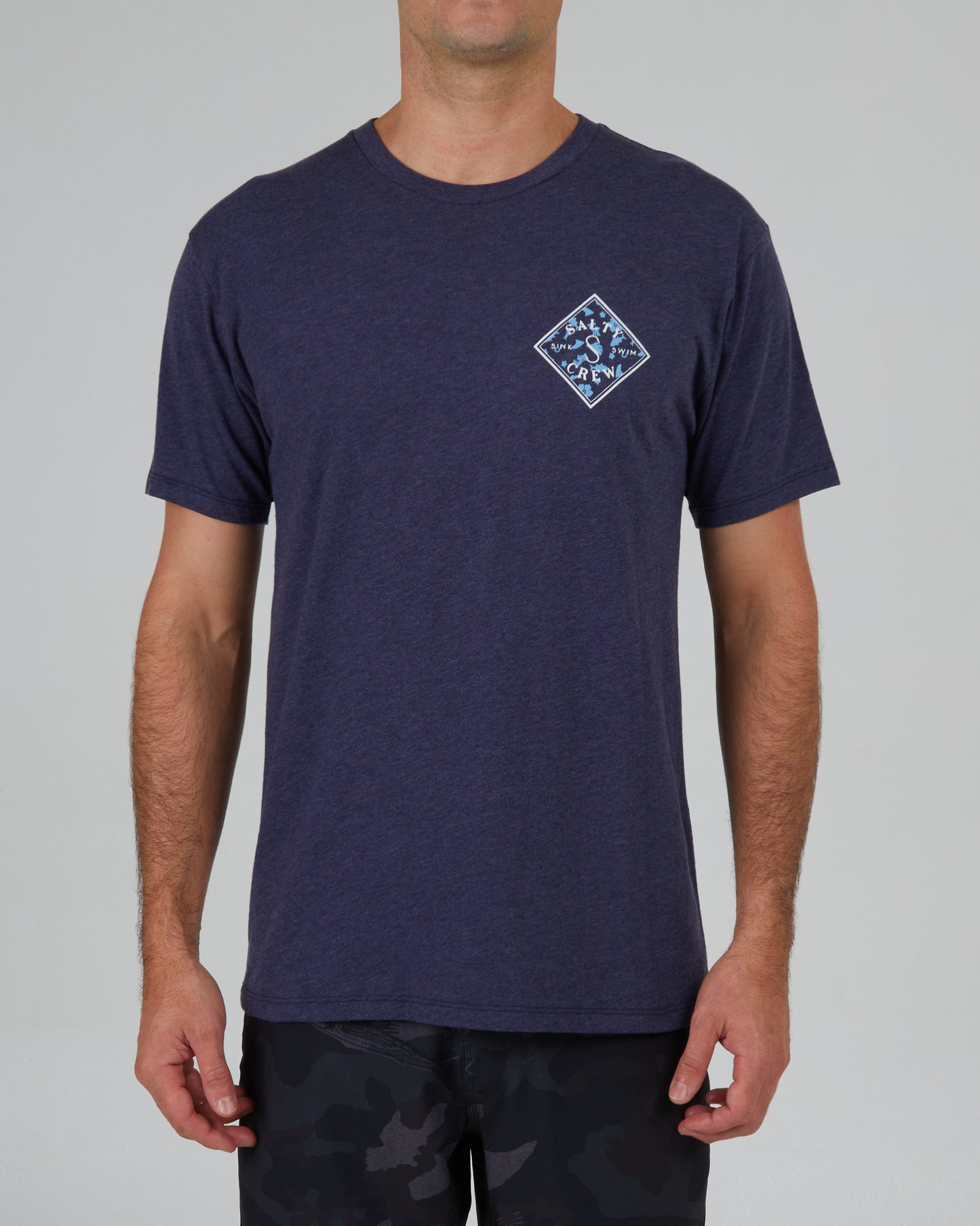 front view of Tippet Tropics Navy Heather S/S Premium Tee