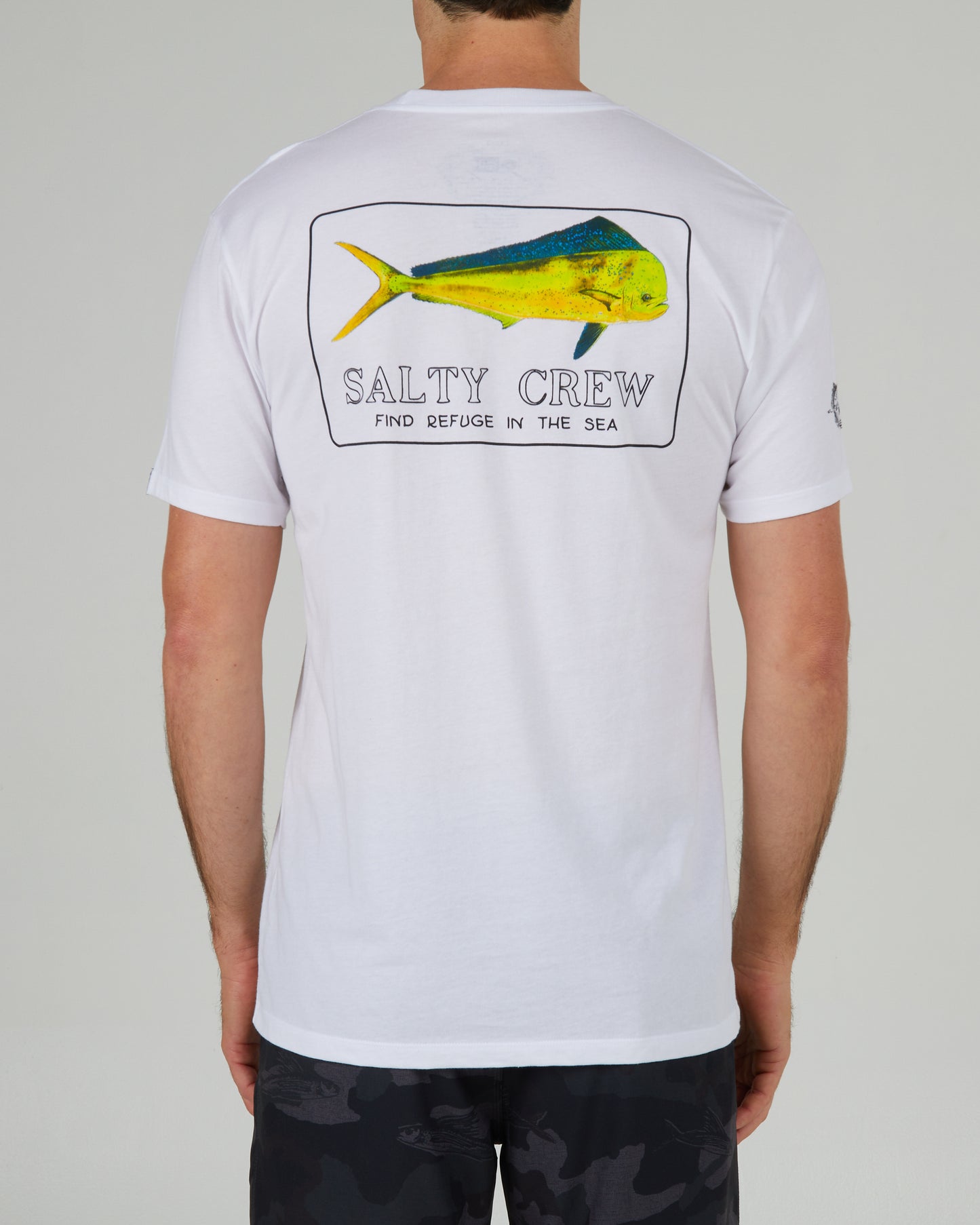 back view of Golden Mahi White S/S Premium Tee