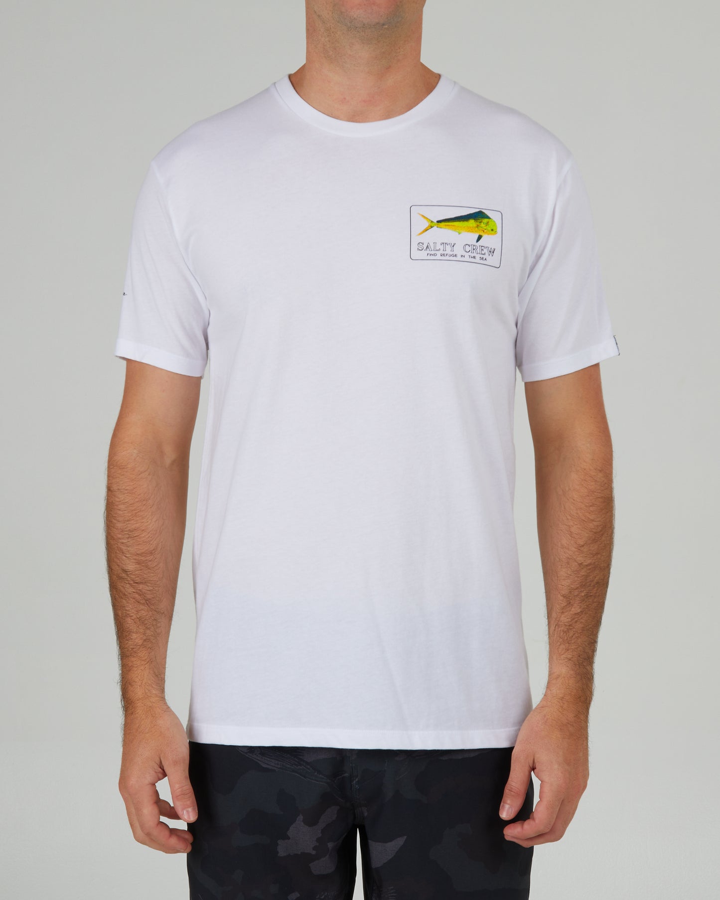 front view of Golden Mahi White S/S Premium Tee