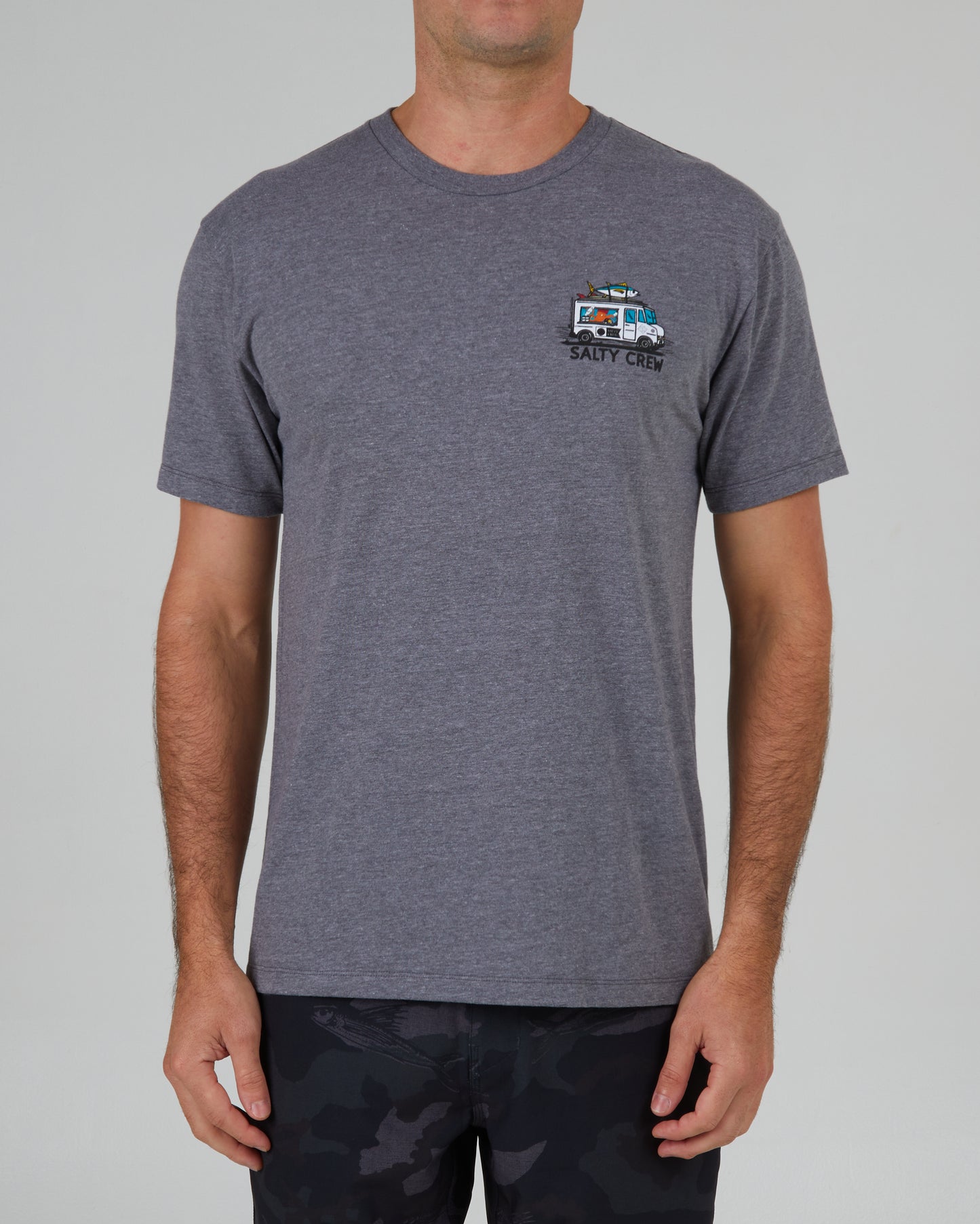 front view of Reels & Meals Athletic Heather S/S Premium Tee