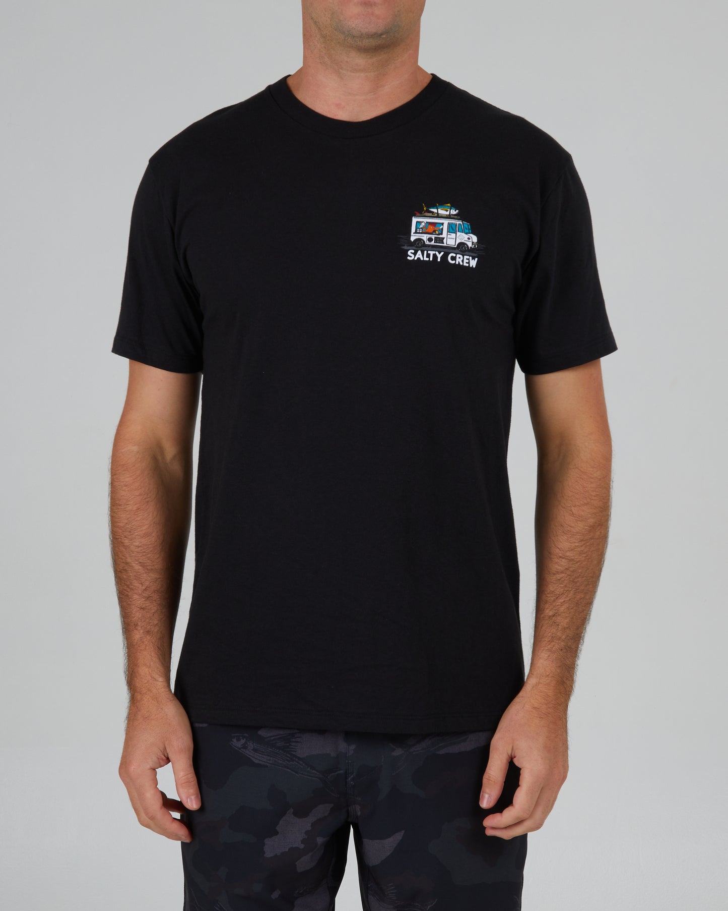 front view of Reels & Meals Black S/S Premium Tee