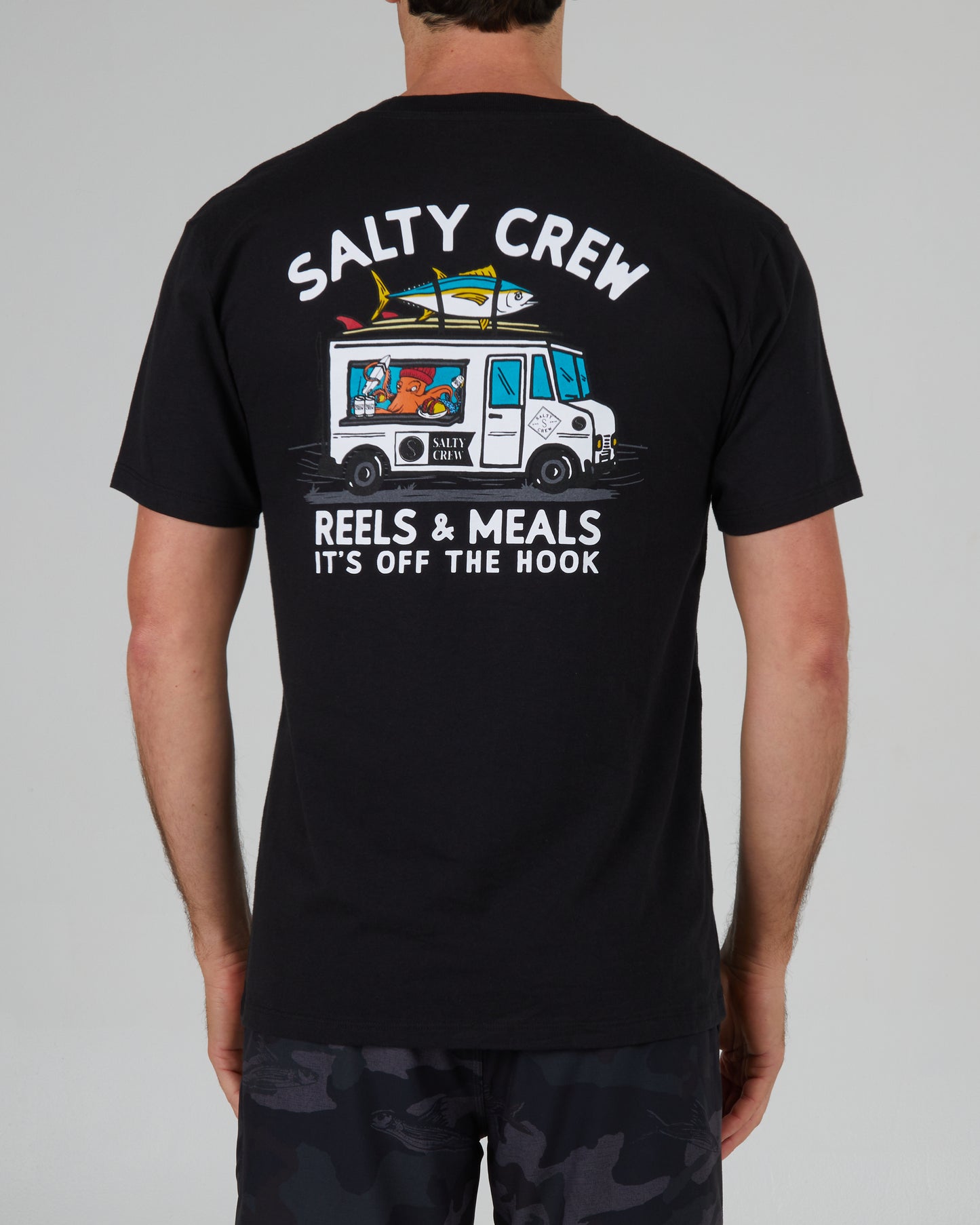 back graphic of Reels & Meals Black S/S Premium Tee
