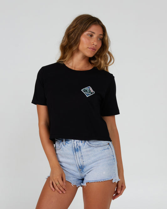front view of Tippet Fill Black Crop Tee