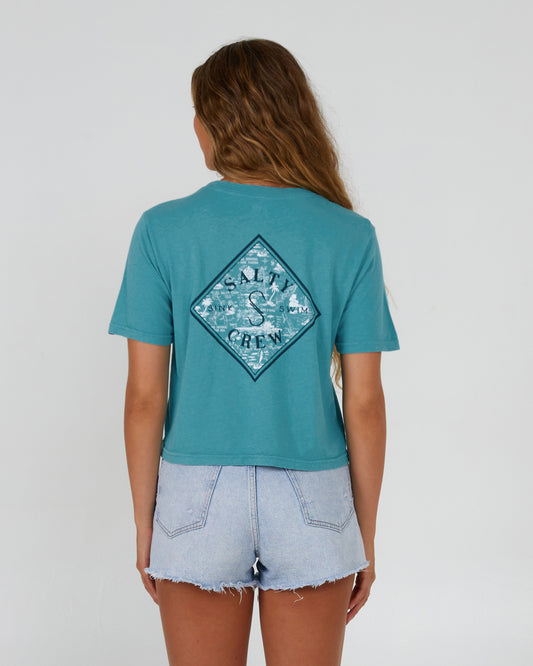 back view of Tippet Fill Sea Green Crop Tee