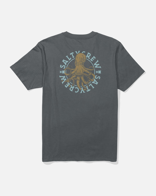 The Salty Crew Tentacles Tee - Charcoal is a dark gray, combed ringspun cotton T-shirt with a tan octopus graphic and circular light blue SALTY CREW text screenprinted on the center back.