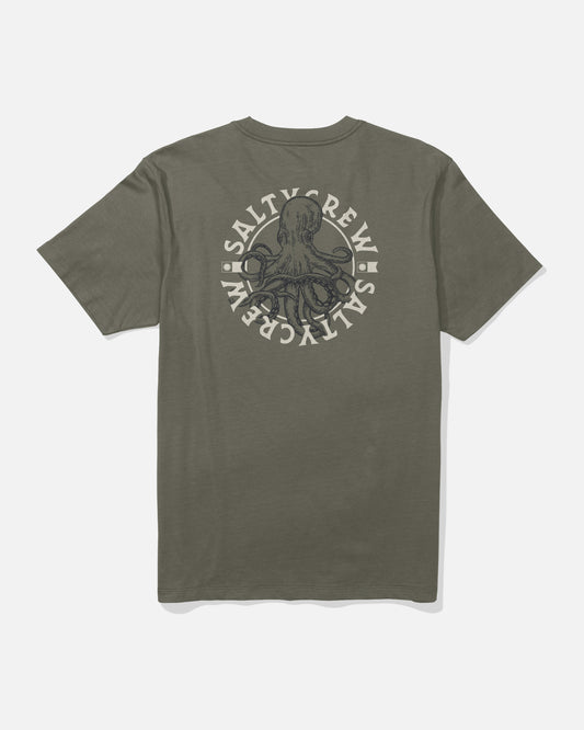 The Salty Crew Tentacles SS Tee in Dusty Olive features a short-sleeve design with an octopus graphic and circular “SALTY CREW” text on the back.