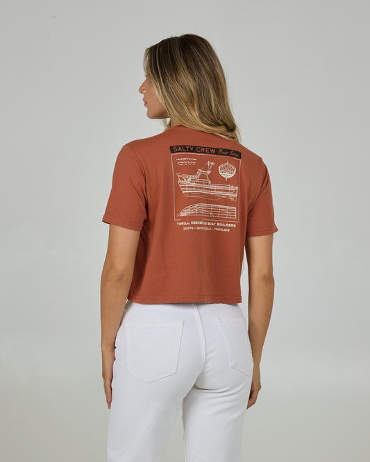 Back view of the Boat Shop Crop Tee - Sierra.