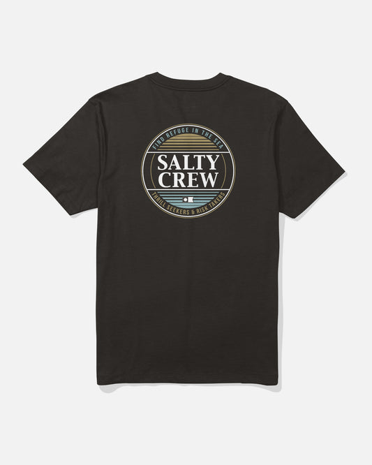 Black t-shirt with Salty Crew logo on a white background