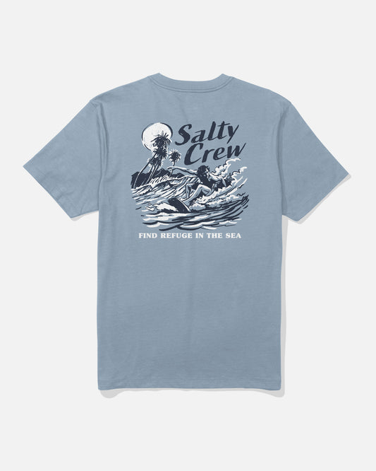 Back view of the Surf Camp Tee - Blue Fog.