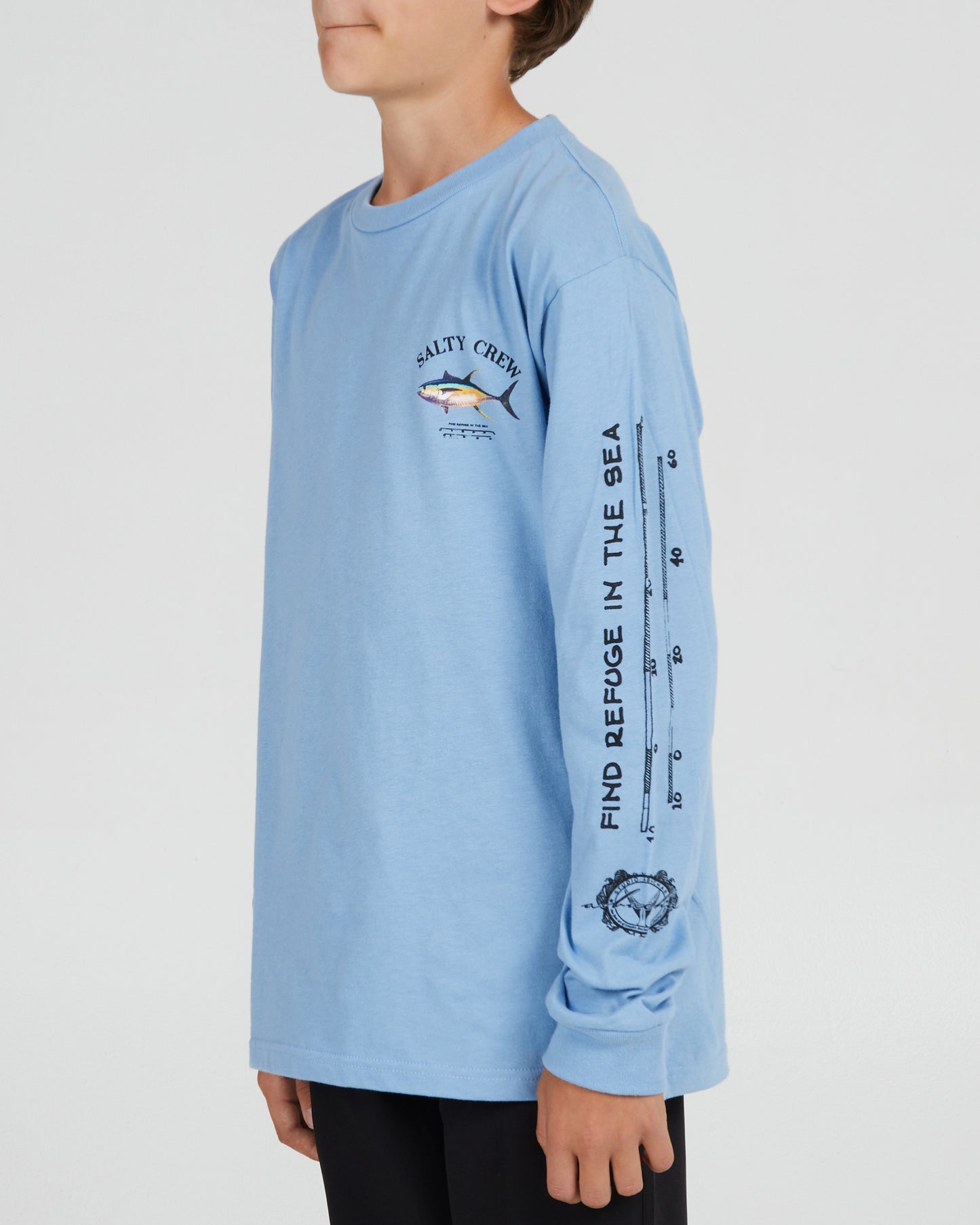 front angled Ahi Mount Boys Marine Blue L/S Tee