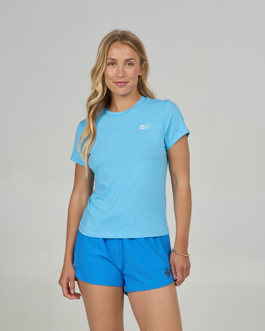 Front view of the Alpha Tech Tee - Pool Blue.