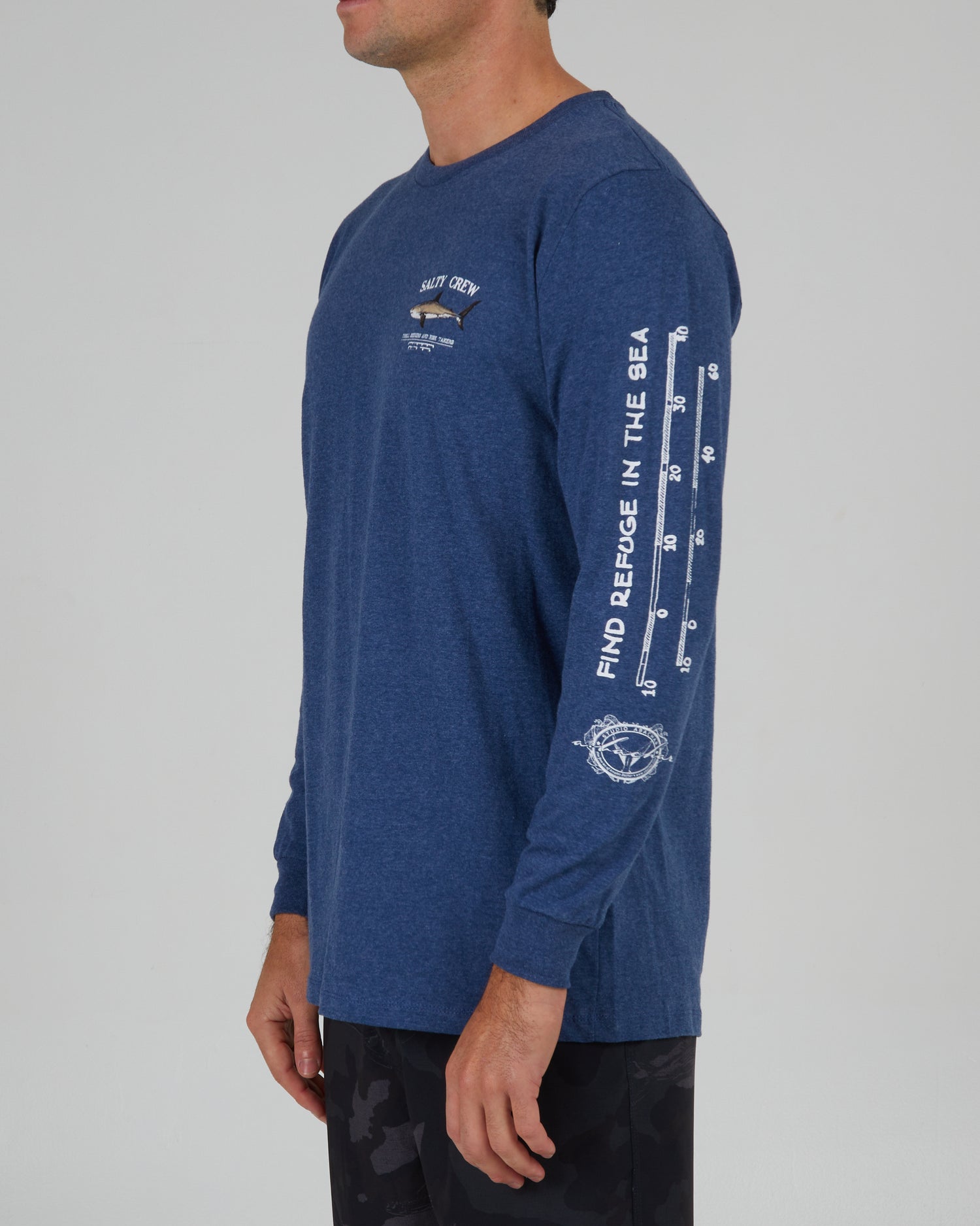 front angled view of Bruce Navy Heather L/S Standard Tee