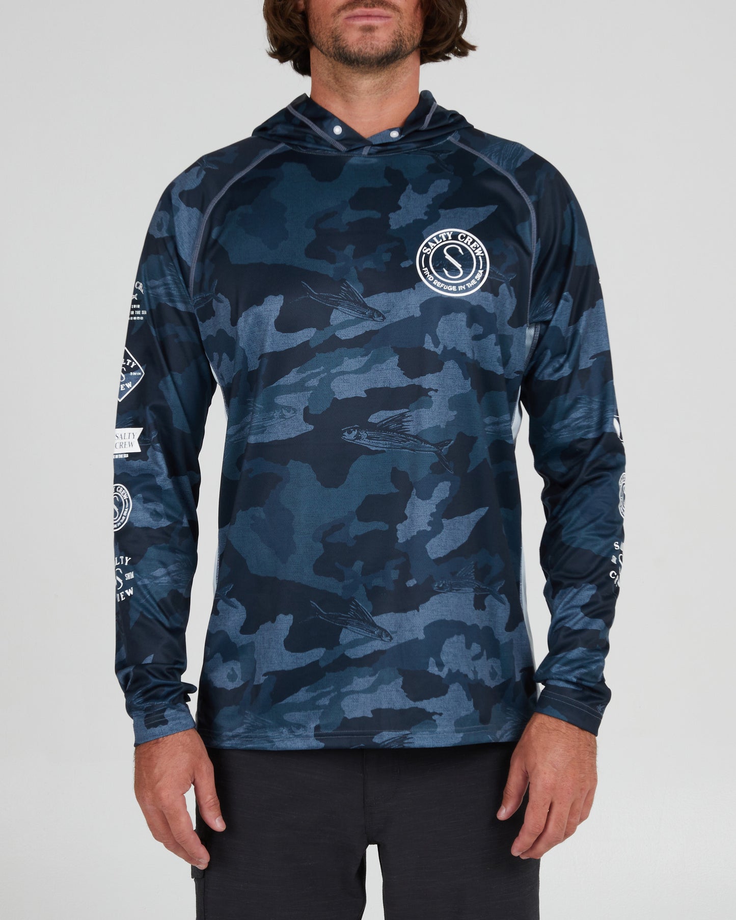 front view of Palomar Blue Camo Pinnacle + Hood Sunshirt