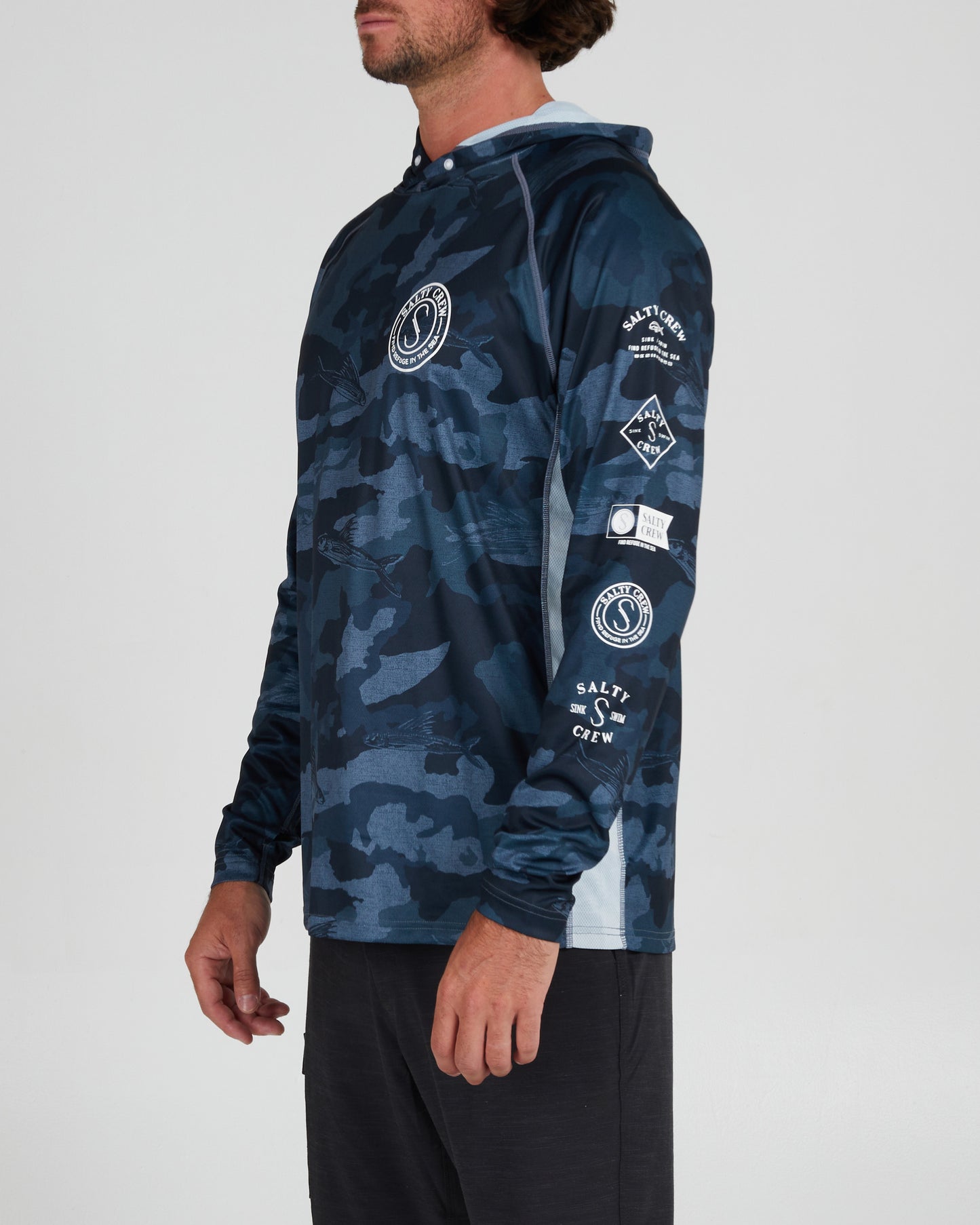 front angled Palomar Blue Camo Pinnacle + Hood Sunshirt