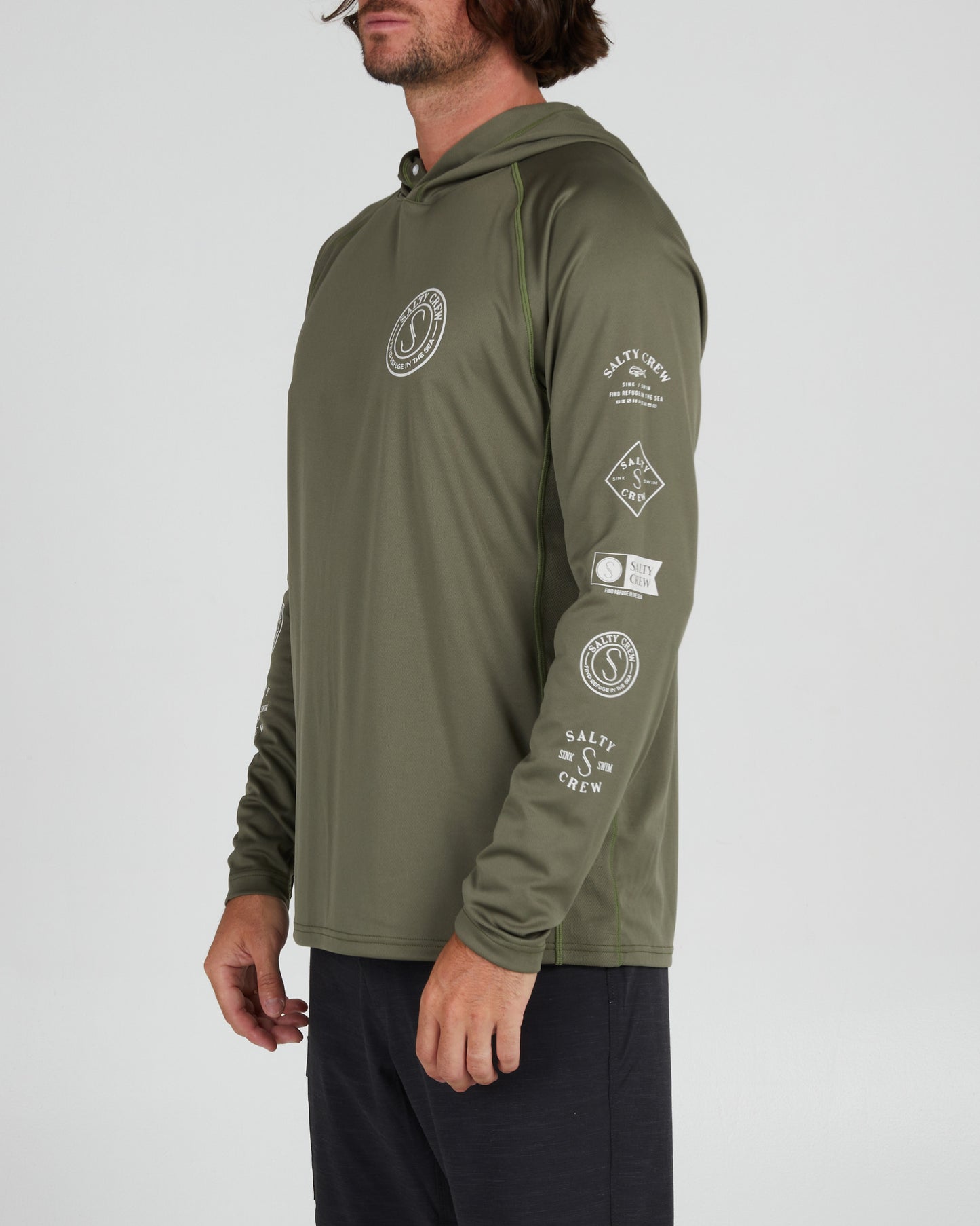 front angled Palomar Olive Pinnacle + Hood Sunshirt