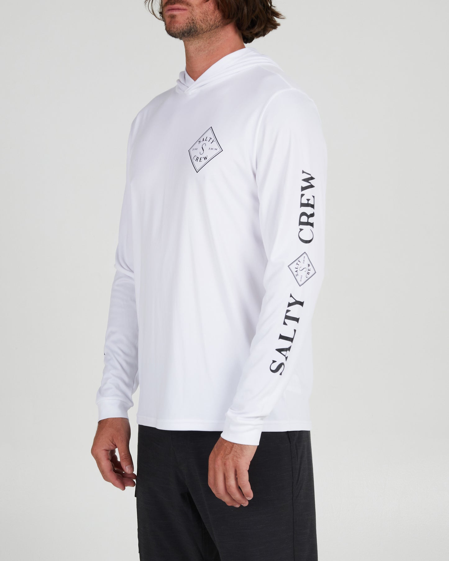 front angled Tippet White Hood Sunshirt