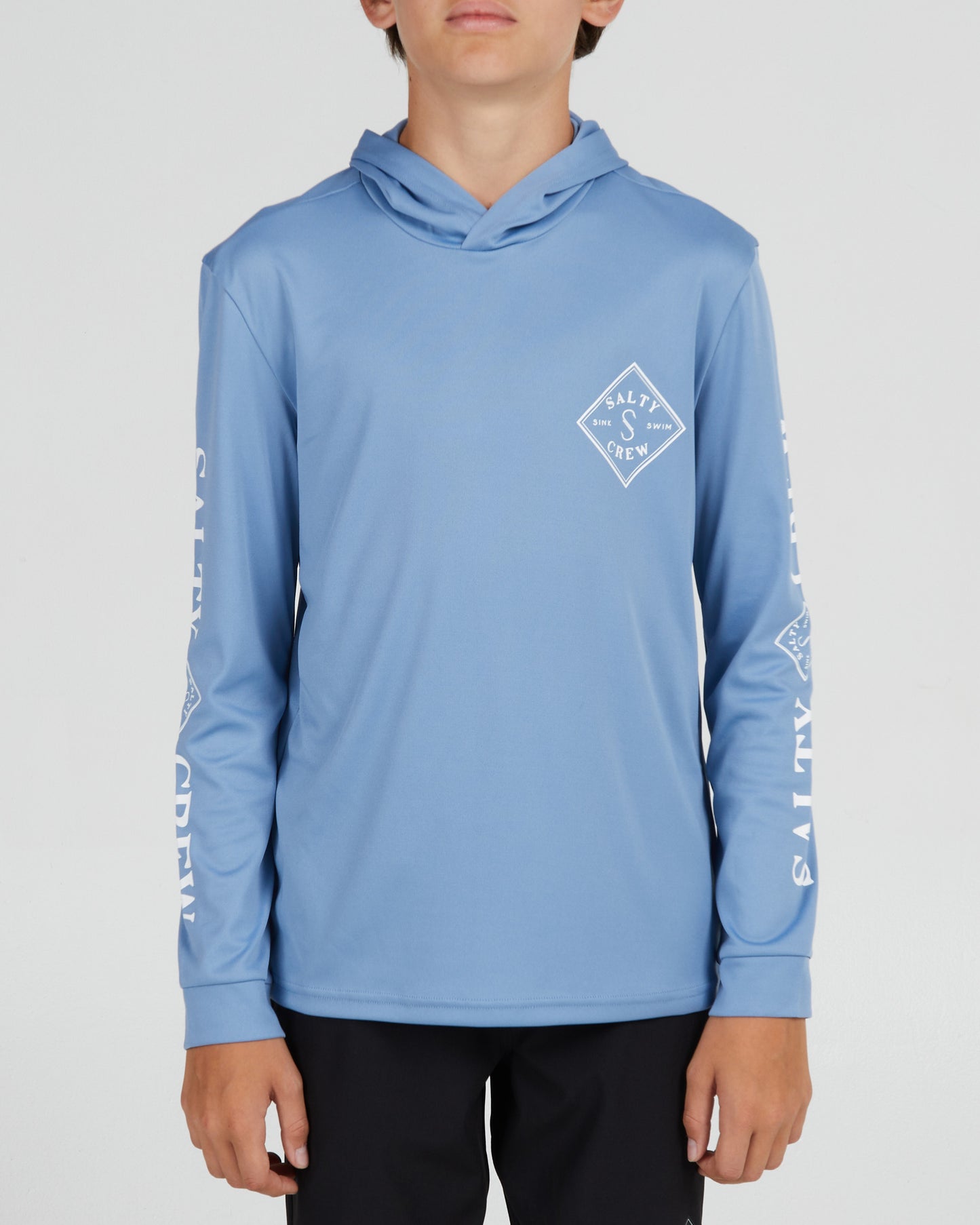 On body front of the Tippet Boys Marine Blue Hood Sunshirt