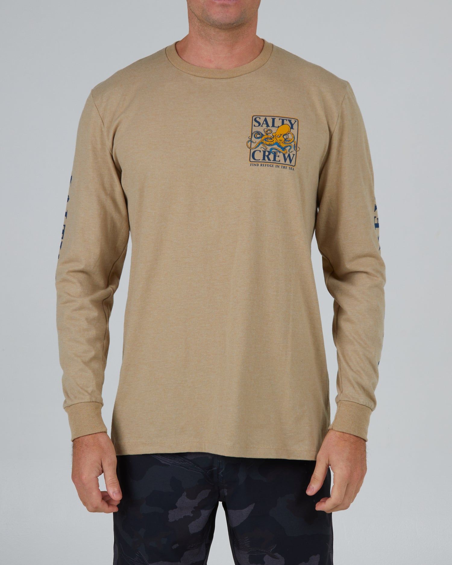 front view of Ink Slinger Khaki Heather L/S Standard Tee