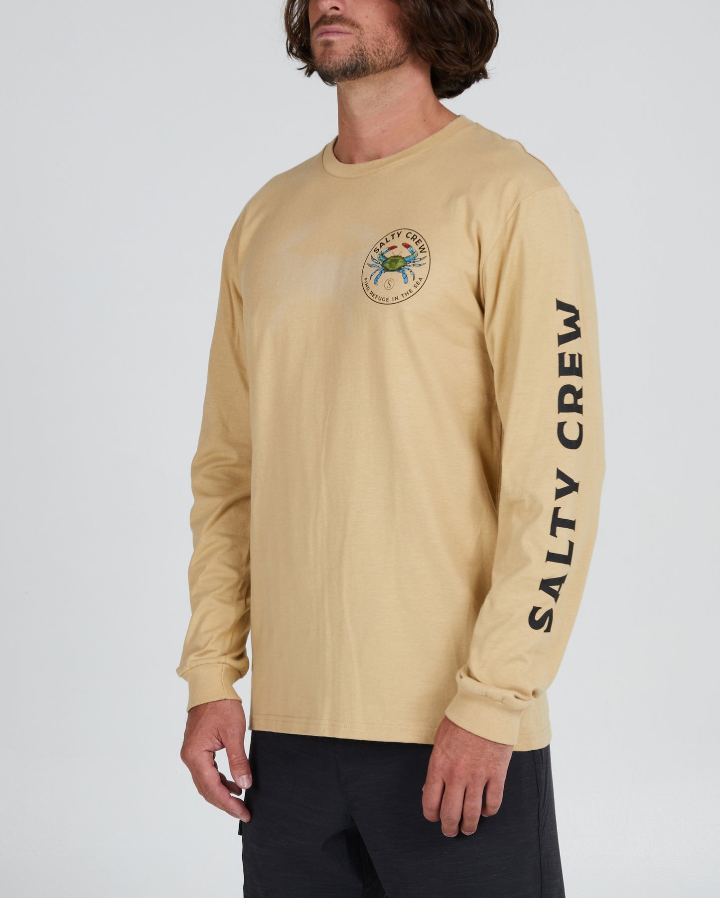 front angled Blue Crabber Camel L/S Premium Tee