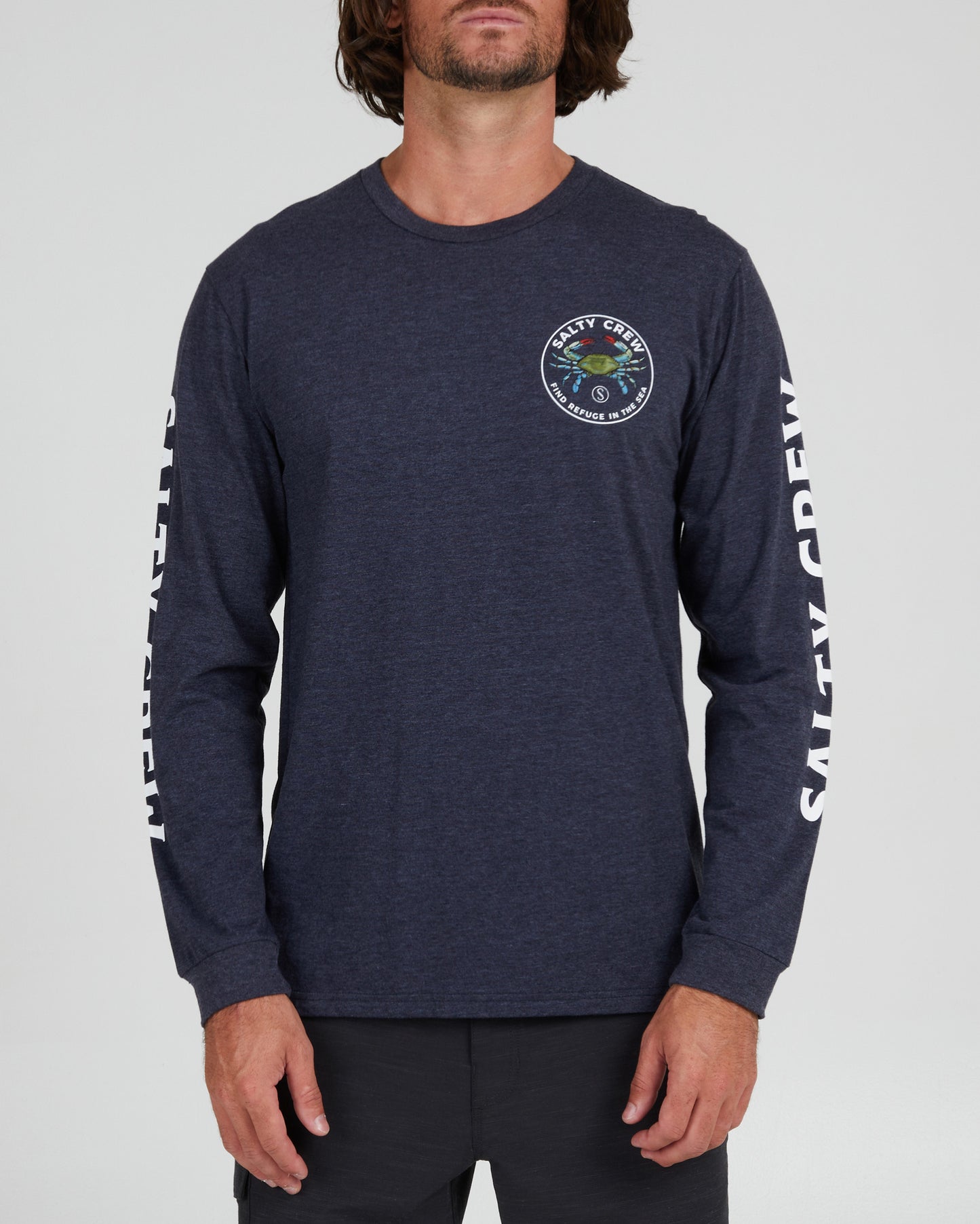 front view of Blue Crabber Navy Heather L/S Premium Tee