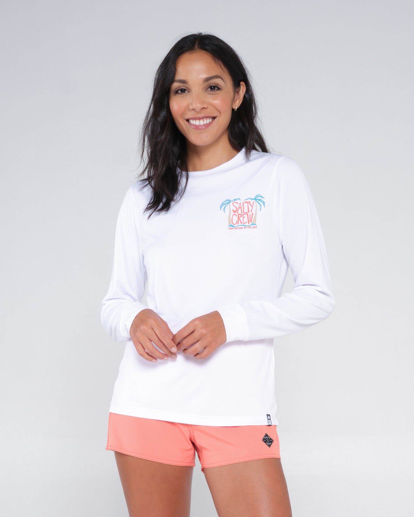 front view of Postcard White L/S Sunshirt