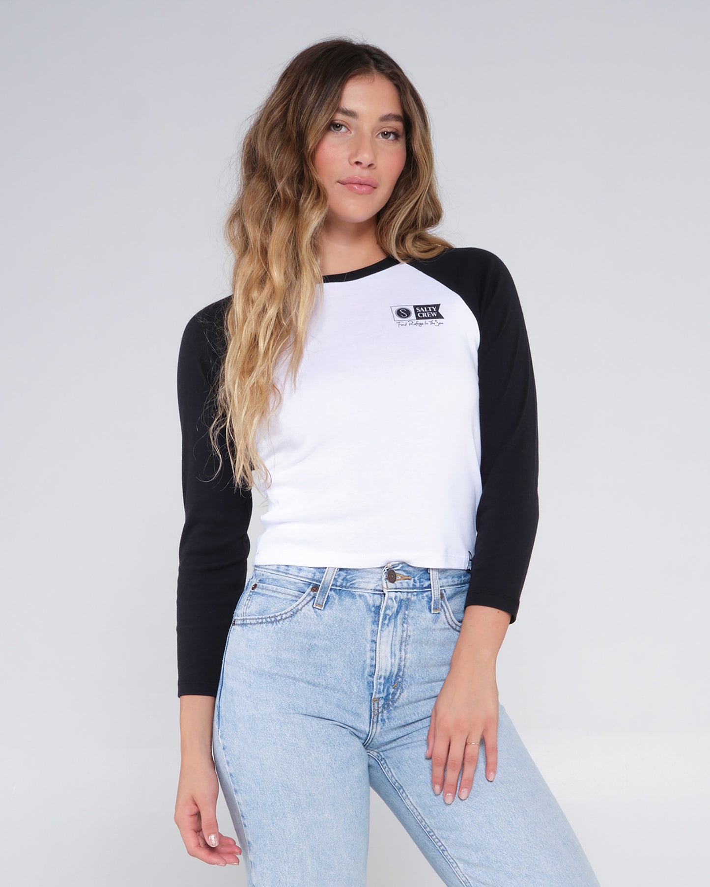 front angled view of Alpha Black L/S Raglan