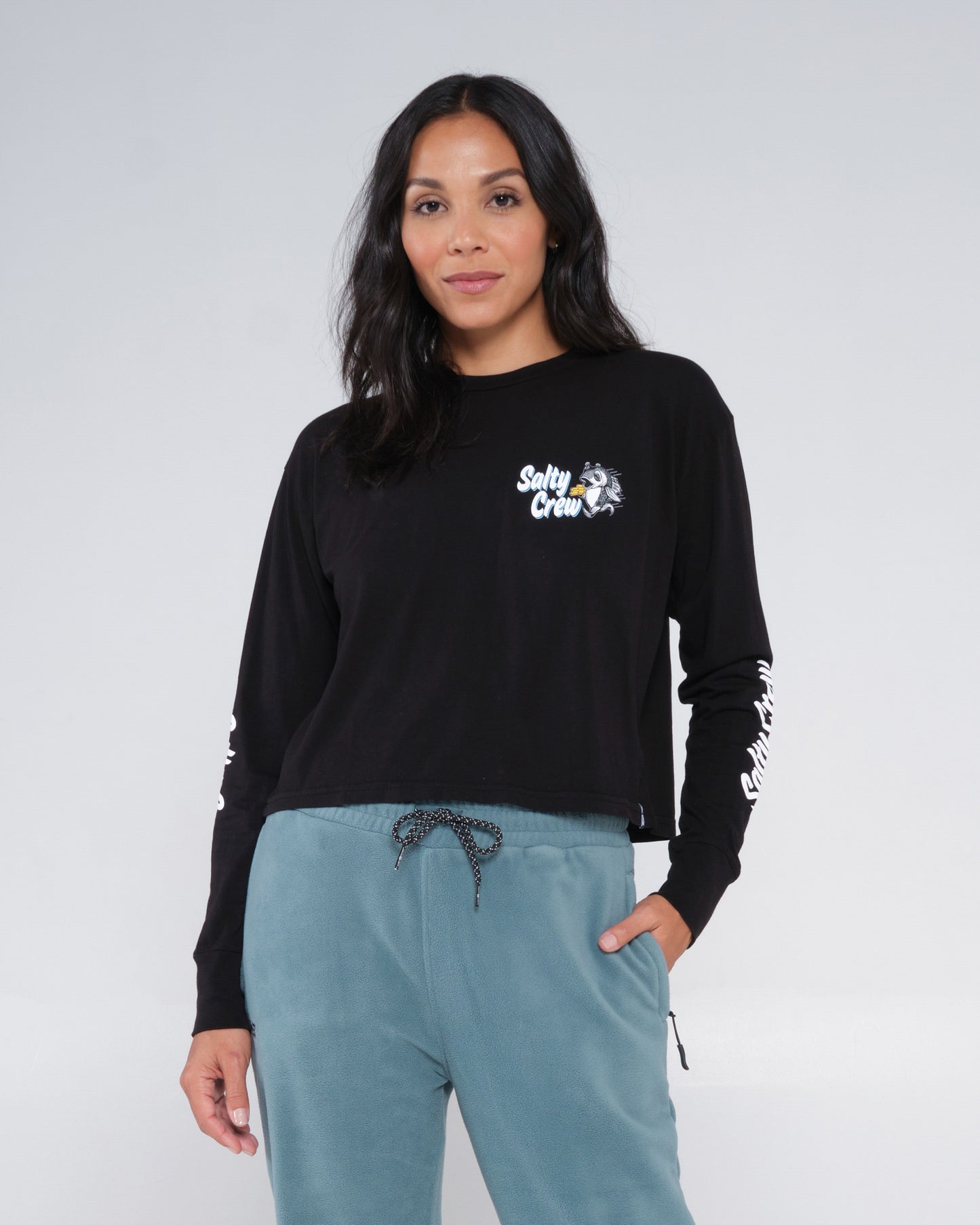 front view of Fish N Chips Black L/S Crop Tee